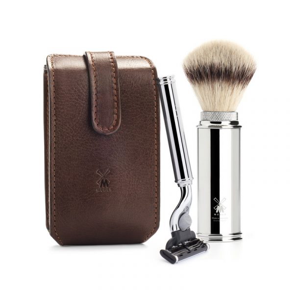 Дорожный бритвенный набор MUEHLE, чехол из натуральной коричневой кожи, дорожный помазок, дорожная бритва Mach3