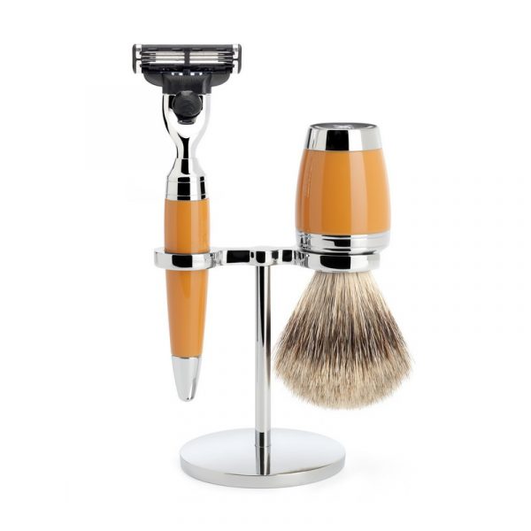 Бритвенный набор MUEHLE STYLO, смола, цвет карамели, барсучий ворс категории Fine, бритва Mach3