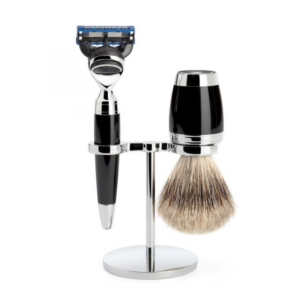 Бритвенный набор MUEHLE STYLO, черная смола, барсучий ворс категории Fine, бритва Fusion