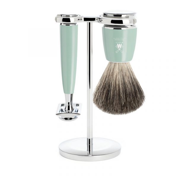 Бритвенный набор MUEHLE RYTMO, смола мятного цвета, натуральный барсучий ворс, Т-образная бритва