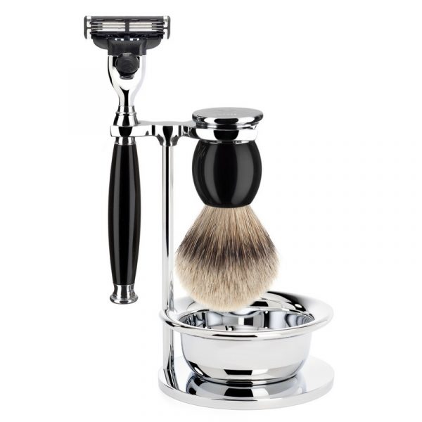 Бритвенный набор MUEHLE SOPHIST, черная смола, барсучий ворс высшей категории Silvertip, бритва Mach3, чаша